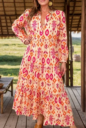 🌼 Tiered Printed Notched Long Sleeve Midi Dress 🌼