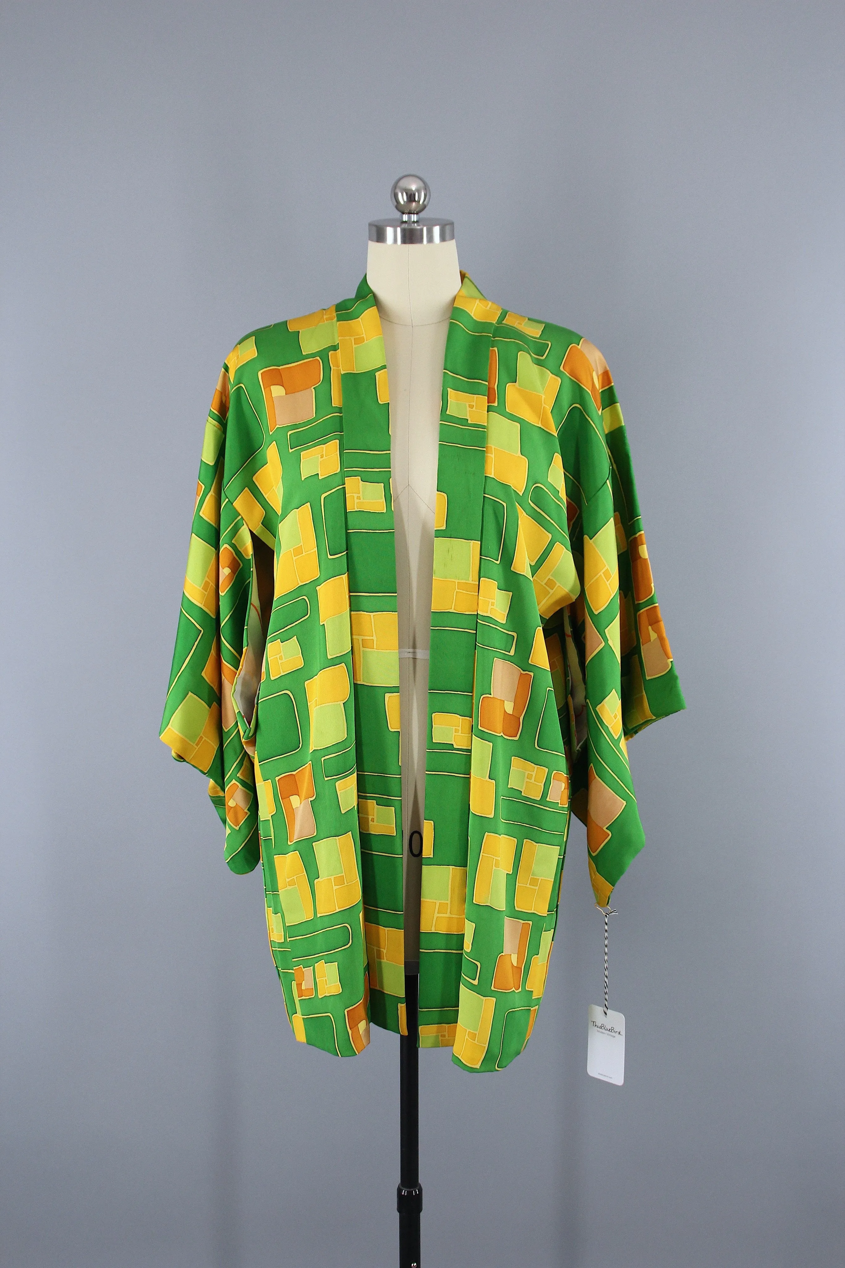 1960s Vintage Silk Haori Kimono Jacket Cardigan / Green Yellow Mod Print