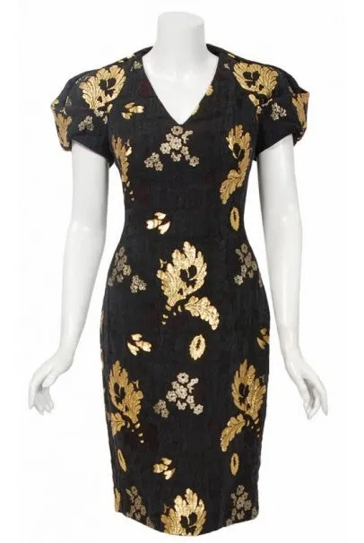 2010 Alexander McQueen Final Runway Collection Metallic-Gold Black Brocade Dress