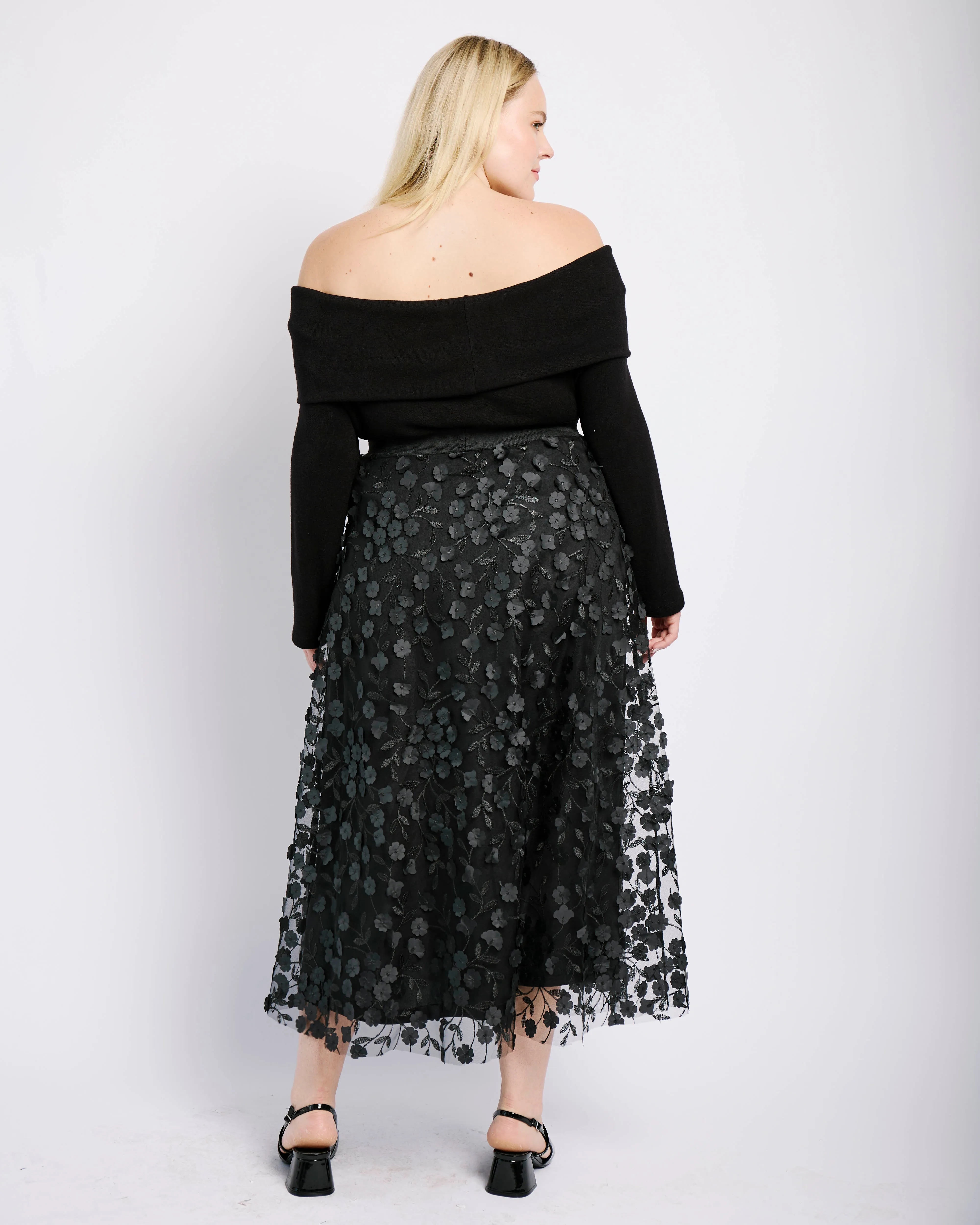 3D Flower Tulle Skirt in Black