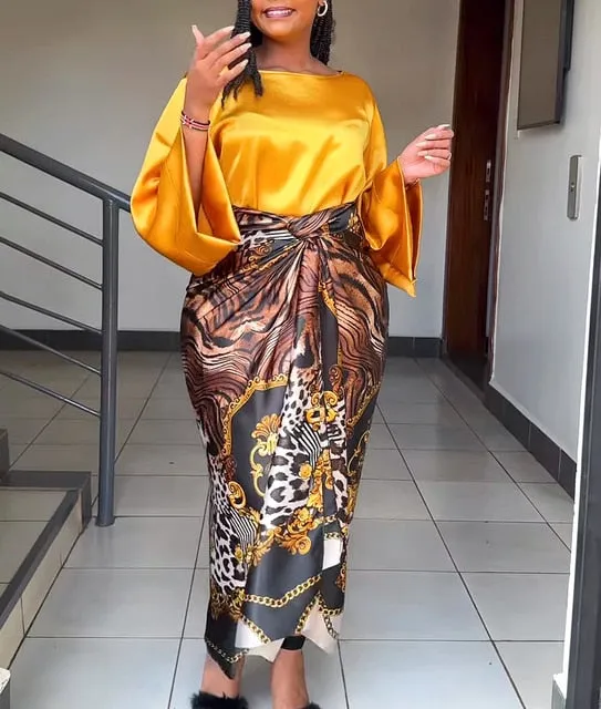 African Printed Traditional Two Piece Dress Set/Long Skirt & O-neck Loose Flare Sleeve Blouse