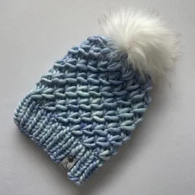 Aquamarine Luxury Merino Wool Knit Hat with Faux Fur Pom Pom