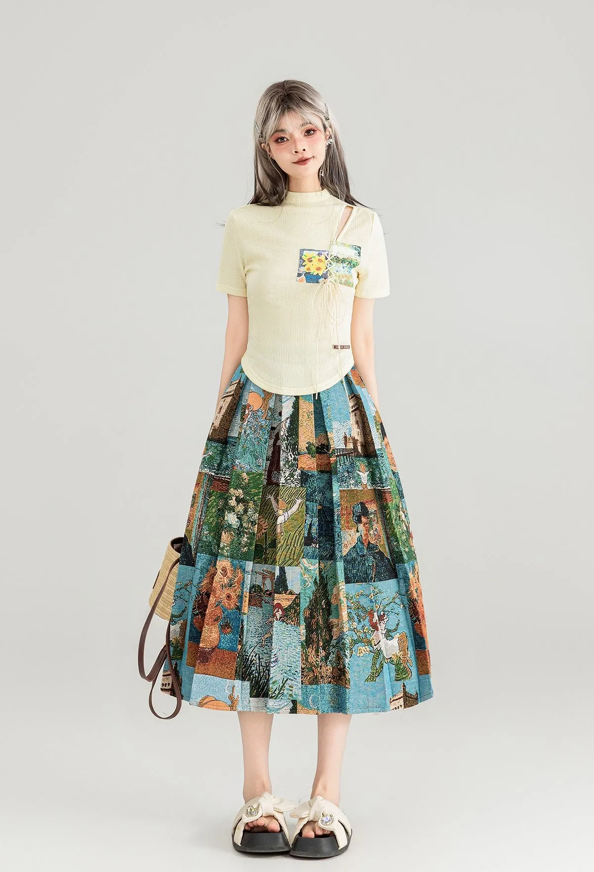 Artistic Travel Jacquard Pleated Mid-length Skirt KEI0082