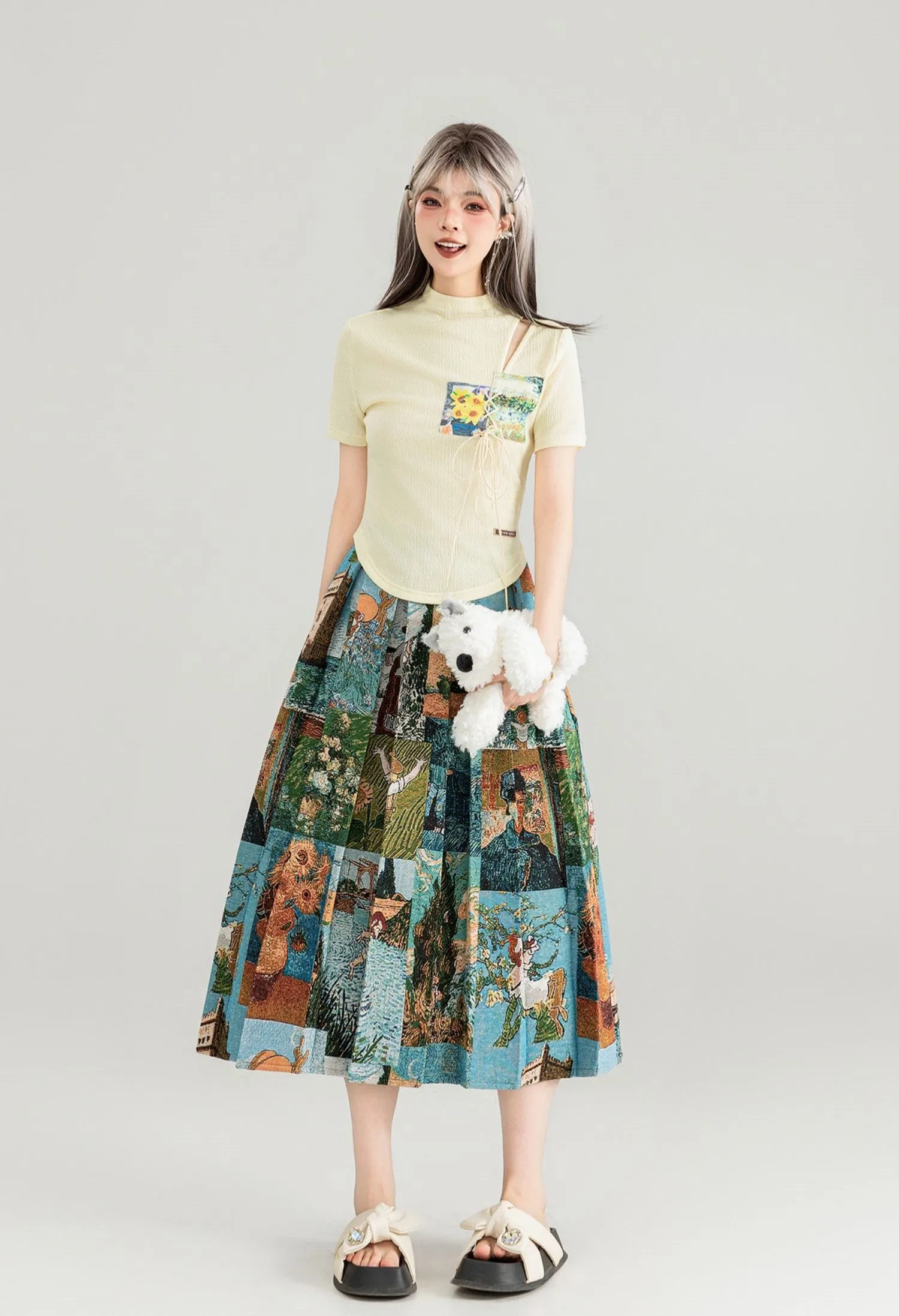 Artistic Travel Jacquard Pleated Mid-length Skirt KEI0082