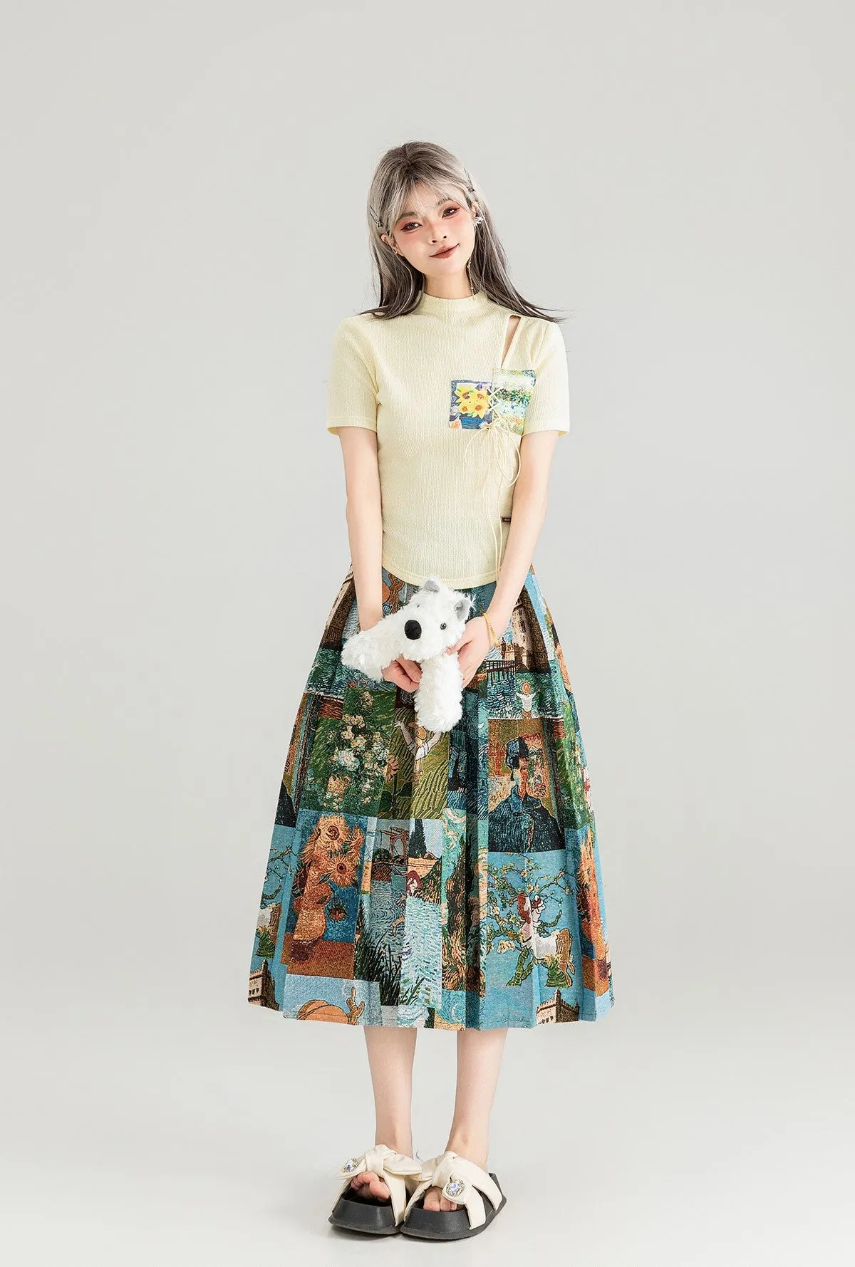 Artistic Travel Jacquard Pleated Mid-length Skirt KEI0082