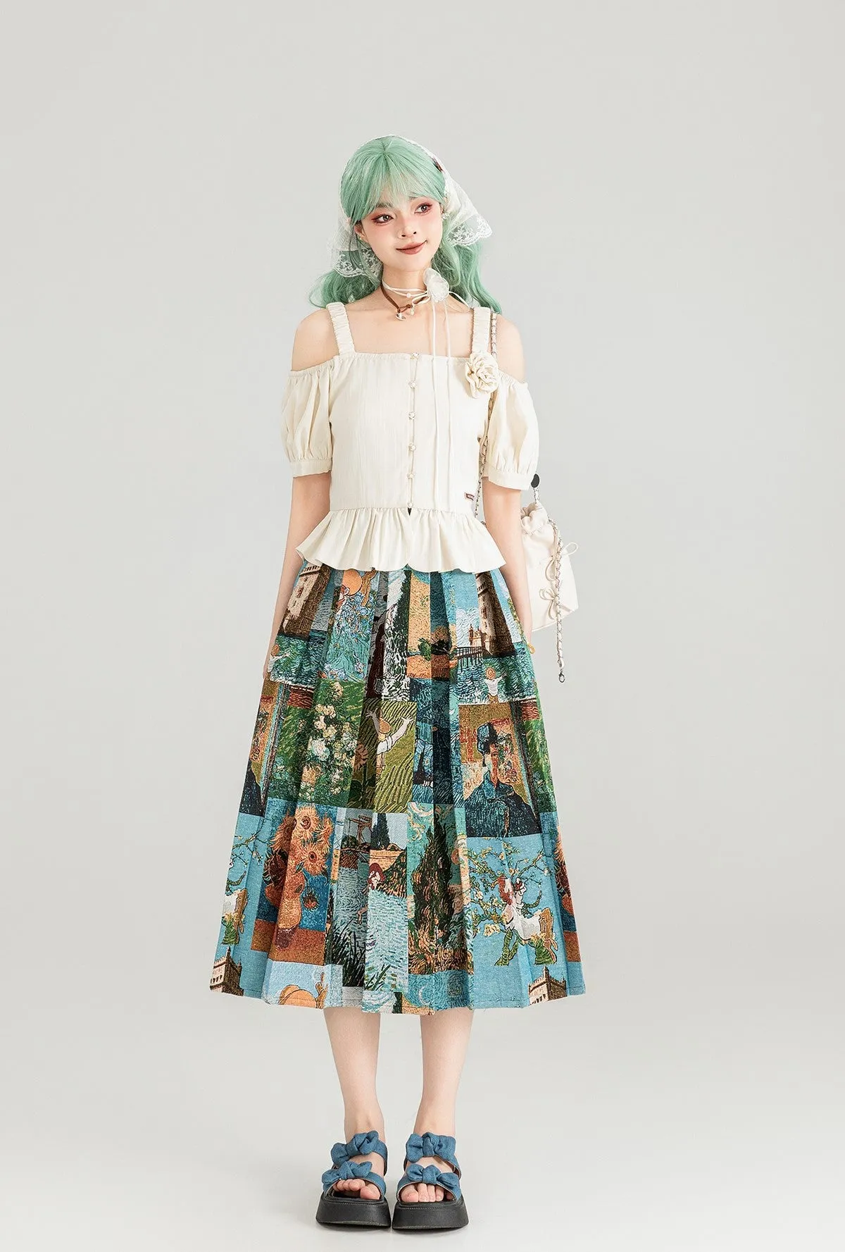 Artistic Travel Jacquard Pleated Mid-length Skirt KEI0082