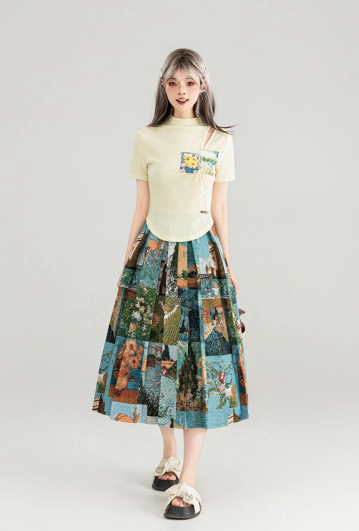 Artistic Travel Jacquard Pleated Mid-length Skirt KEI0082