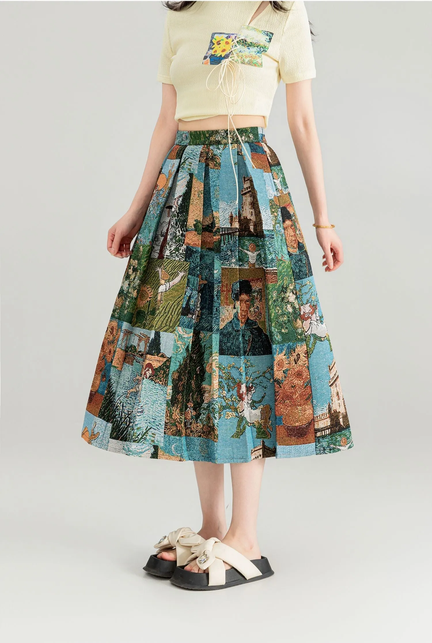 Artistic Travel Jacquard Pleated Mid-length Skirt KEI0082