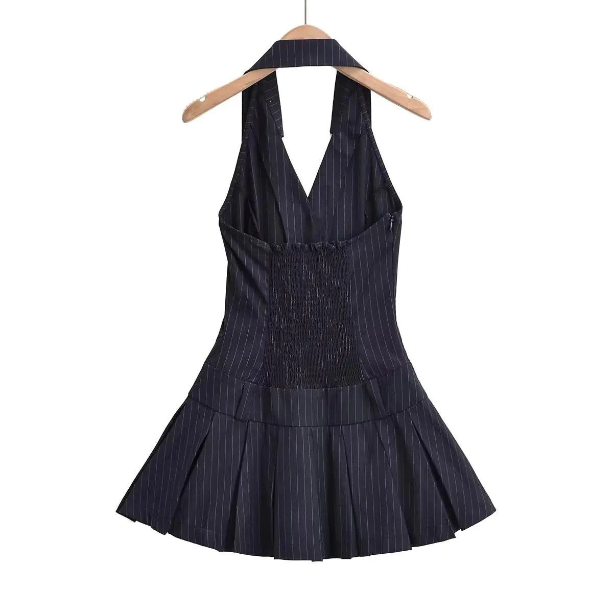 Artistic V-neck Halter Striped A- Line Skirt Low Waist Pleated Dress Slim Fit Slim Backless