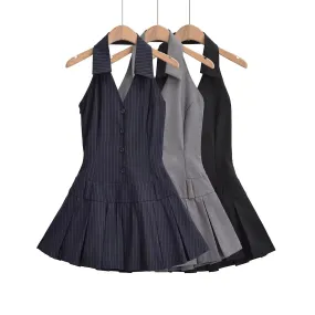 Artistic V-neck Halter Striped A- Line Skirt Low Waist Pleated Dress Slim Fit Slim Backless