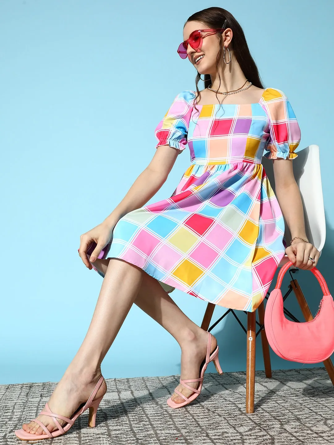 Berrylush Women Pink & Blue Check Printed Square Neck Puff Sleeve Pleated Fit & Flare Mini Dress