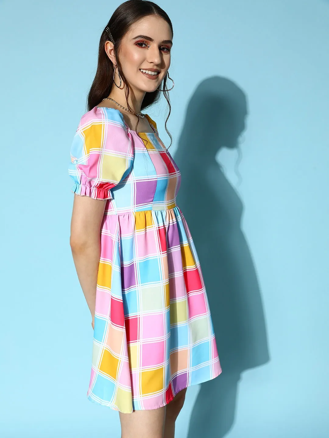 Berrylush Women Pink & Blue Check Printed Square Neck Puff Sleeve Pleated Fit & Flare Mini Dress