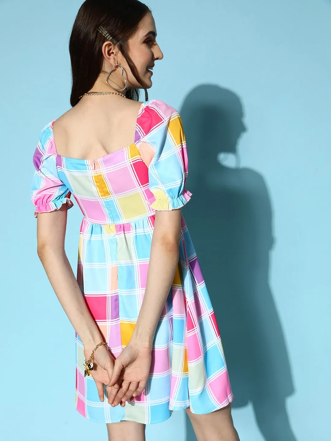 Berrylush Women Pink & Blue Check Printed Square Neck Puff Sleeve Pleated Fit & Flare Mini Dress