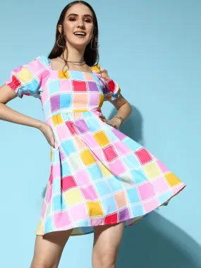 Berrylush Women Pink & Blue Check Printed Square Neck Puff Sleeve Pleated Fit & Flare Mini Dress