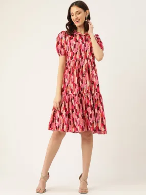 Berrylush Women Pink & Red Abstract Printed Shirt Collar Neck Flounce Hem Pleated A-Line Midi Dress