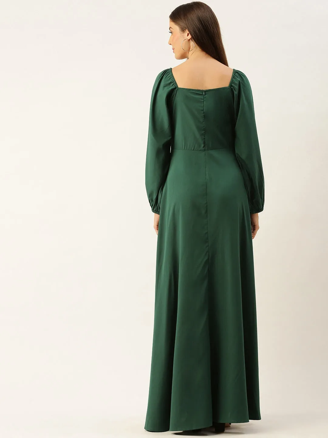 Berrylush Women Solid Green Square Neck Slim-Fit Maxi Dress