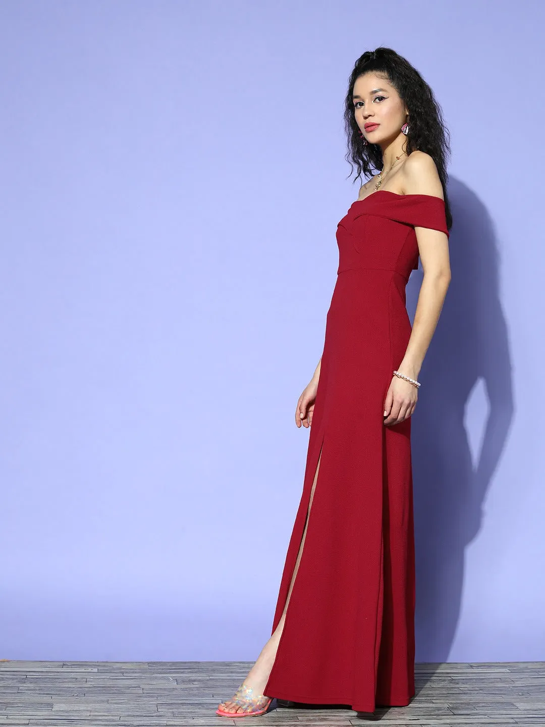 Berrylush Women Solid Red Off-Shoulder Neck Crepe Thigh-High Slit Flared A-Line Maxi Dress