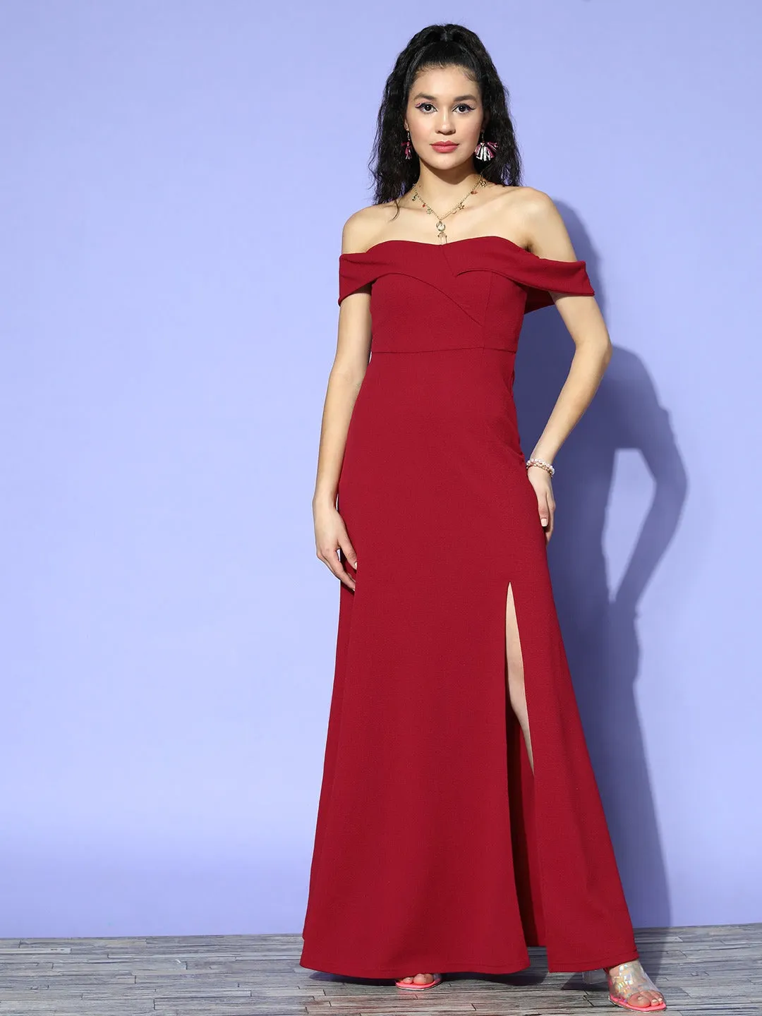 Berrylush Women Solid Red Off-Shoulder Neck Crepe Thigh-High Slit Flared A-Line Maxi Dress