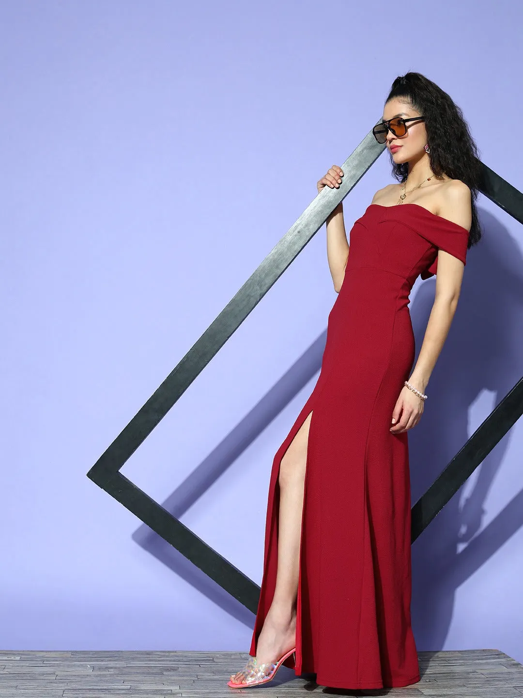 Berrylush Women Solid Red Off-Shoulder Neck Crepe Thigh-High Slit Flared A-Line Maxi Dress