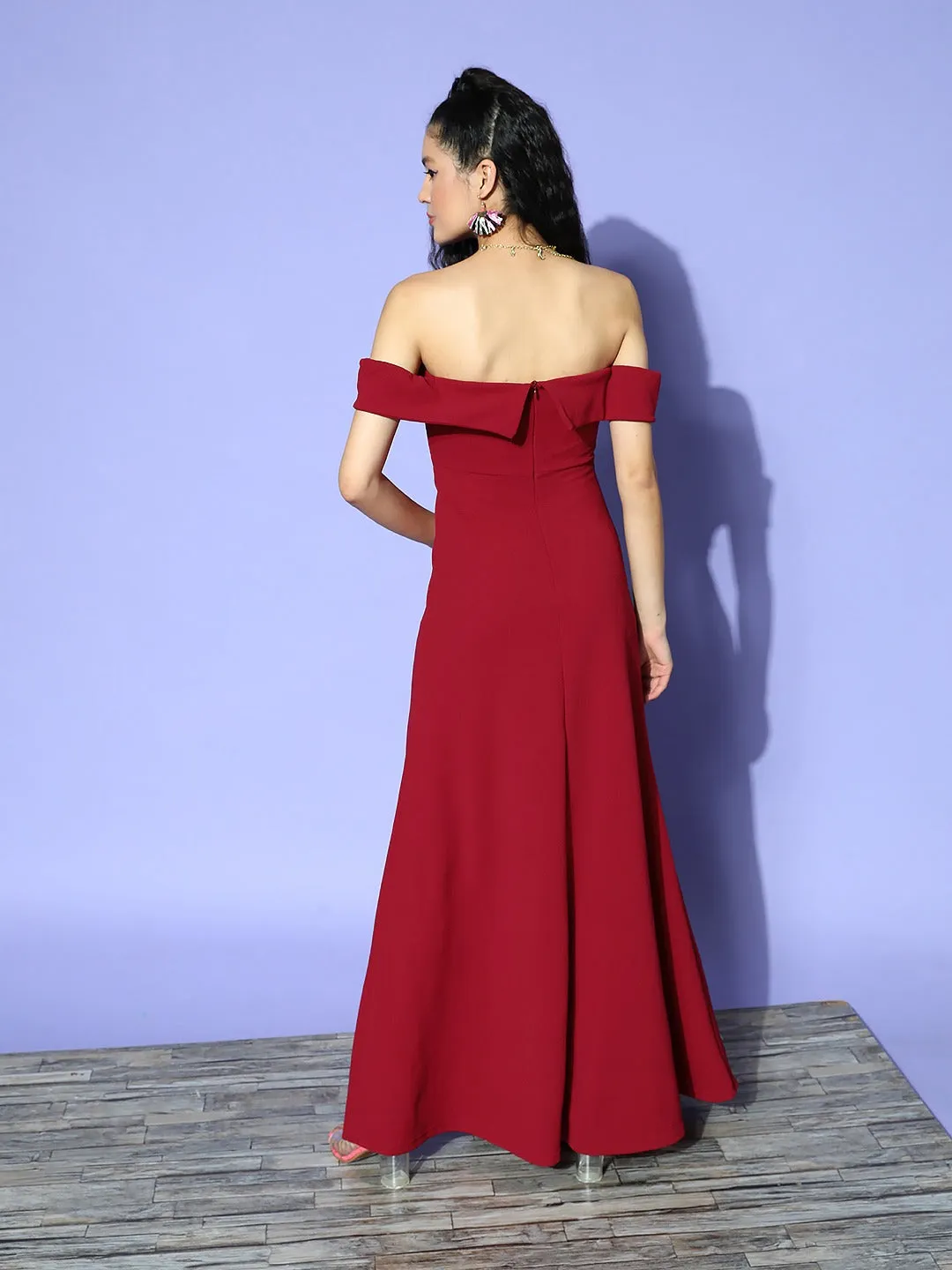 Berrylush Women Solid Red Off-Shoulder Neck Crepe Thigh-High Slit Flared A-Line Maxi Dress