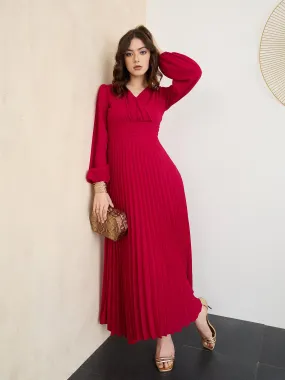 Berrylush Women Solid Red V-Neck Puff Sleeves Pleated Empire Maxi Dress