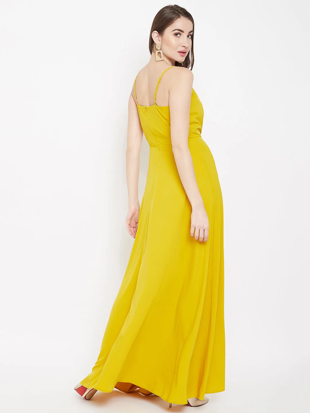 Berrylush Women Solid Yellow V-Neck Sleeveless Crepe Thigh-High Slit A-Line Maxi Dress