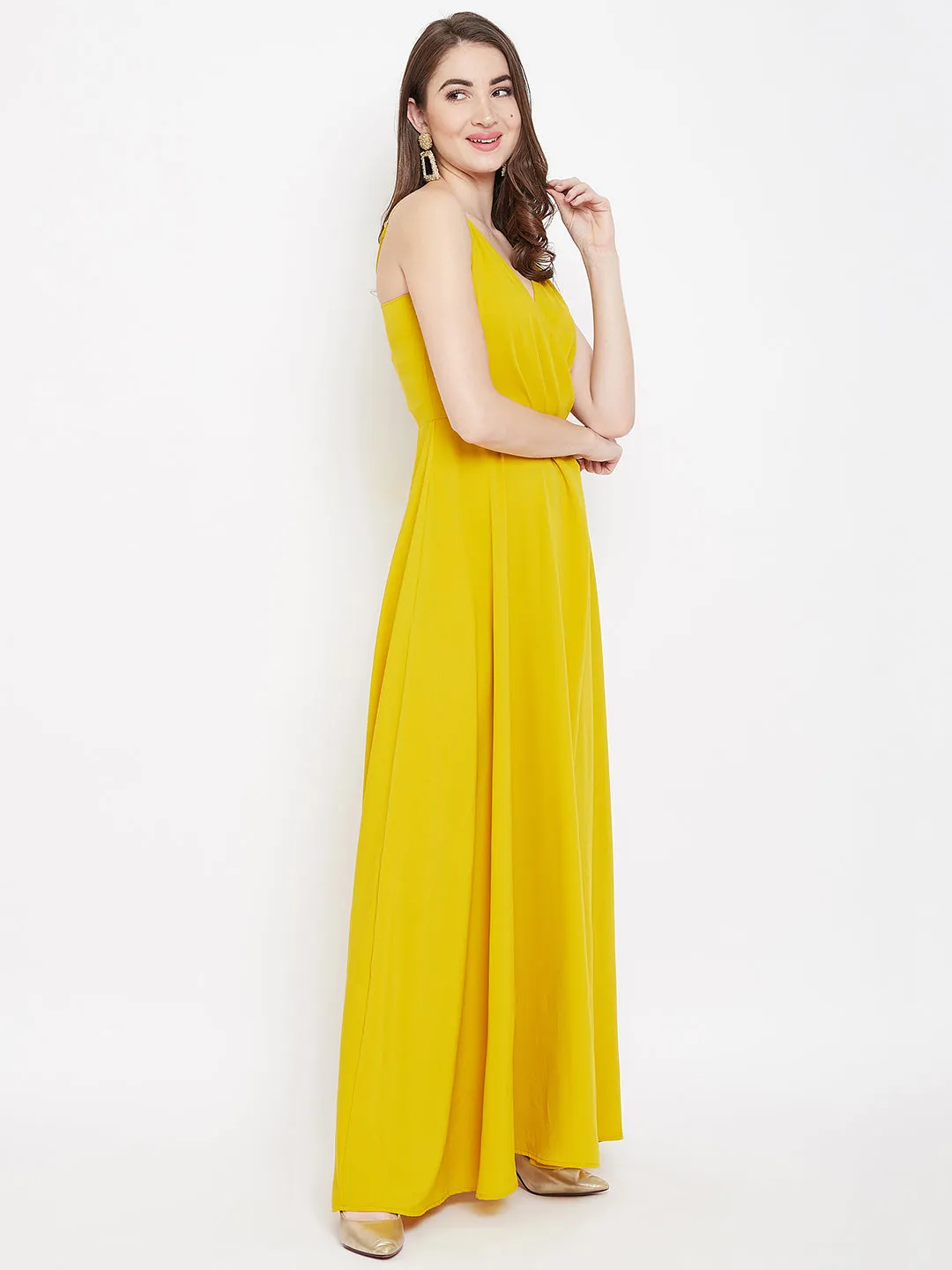 Berrylush Women Solid Yellow V-Neck Sleeveless Crepe Thigh-High Slit A-Line Maxi Dress