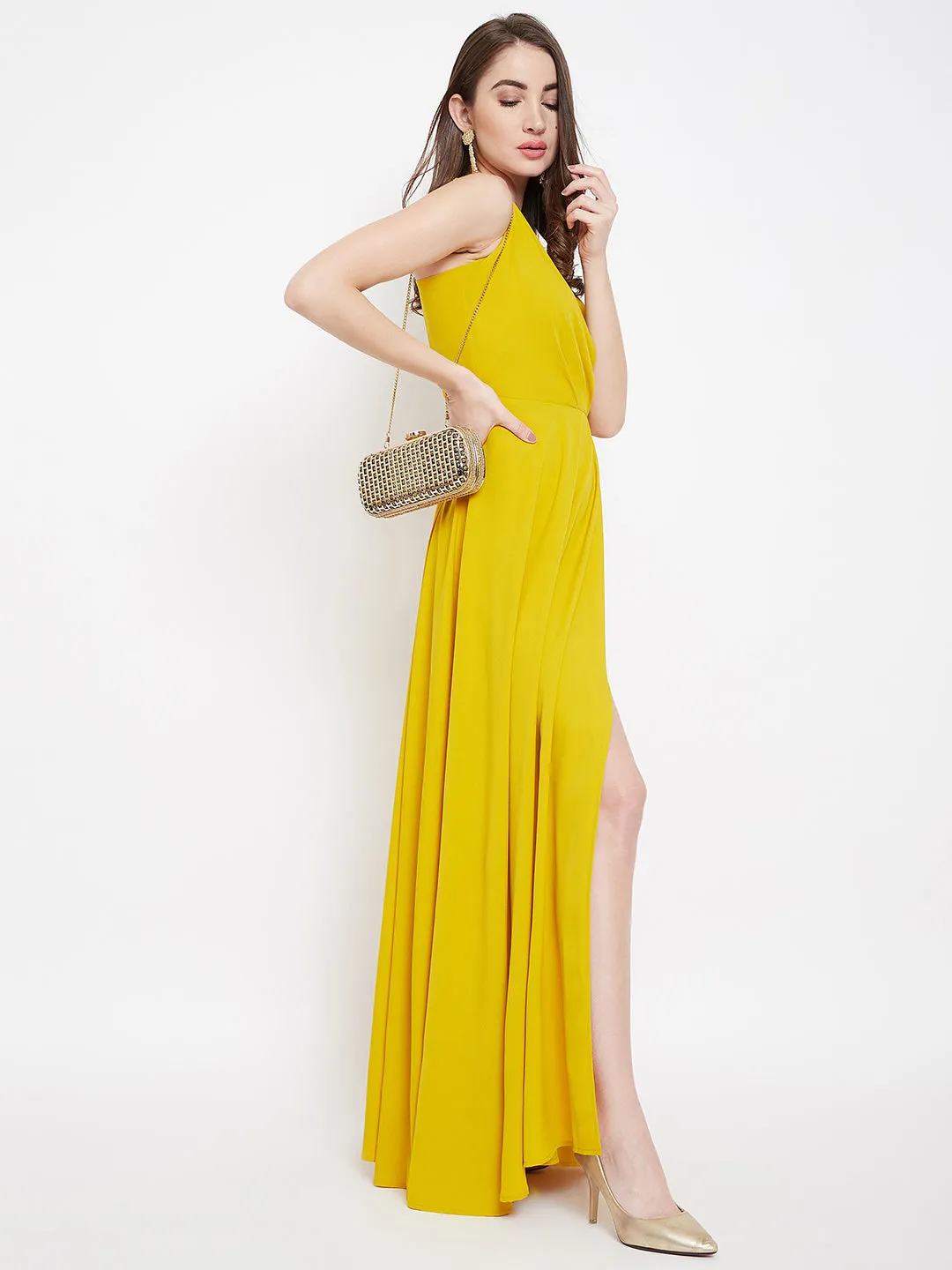 Berrylush Women Solid Yellow V-Neck Sleeveless Crepe Thigh-High Slit A-Line Maxi Dress