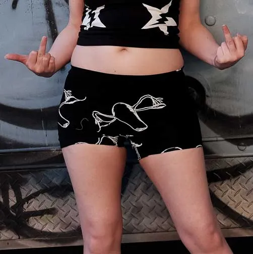 Black Booty Shorts With Hand Pressed Flying Ovaries