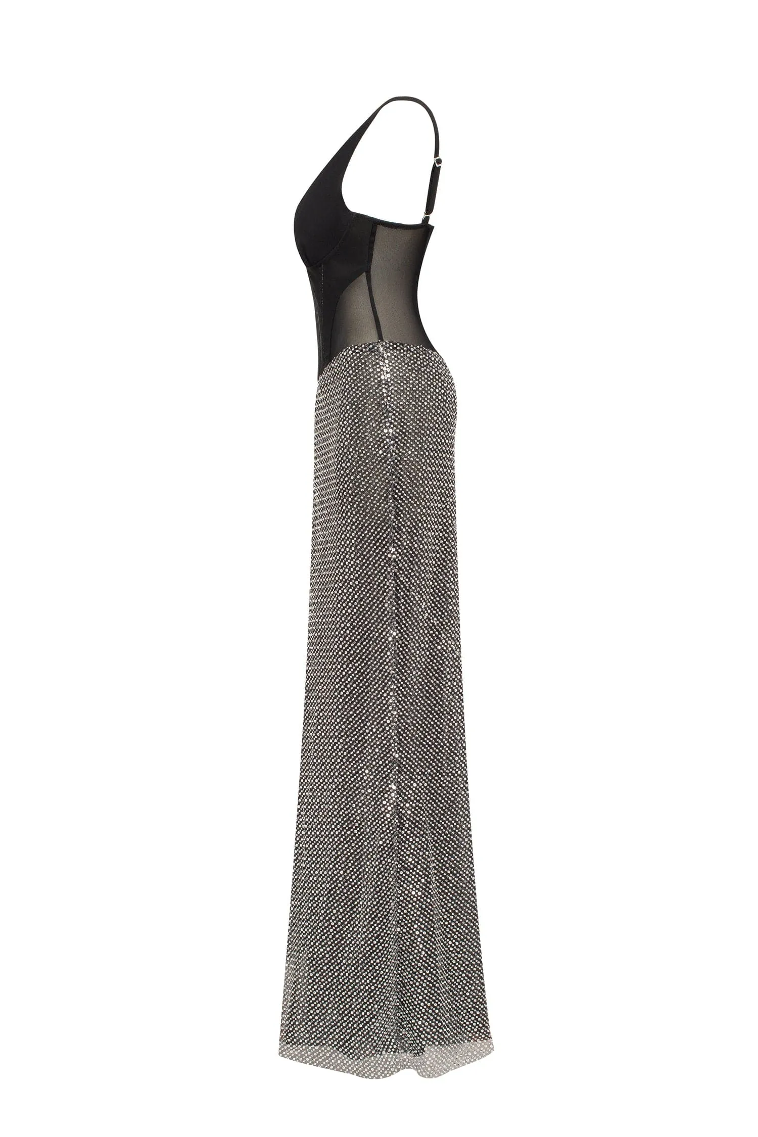 Black corset maxi dress with silver sequined maxi skirt, Smoky Quartz