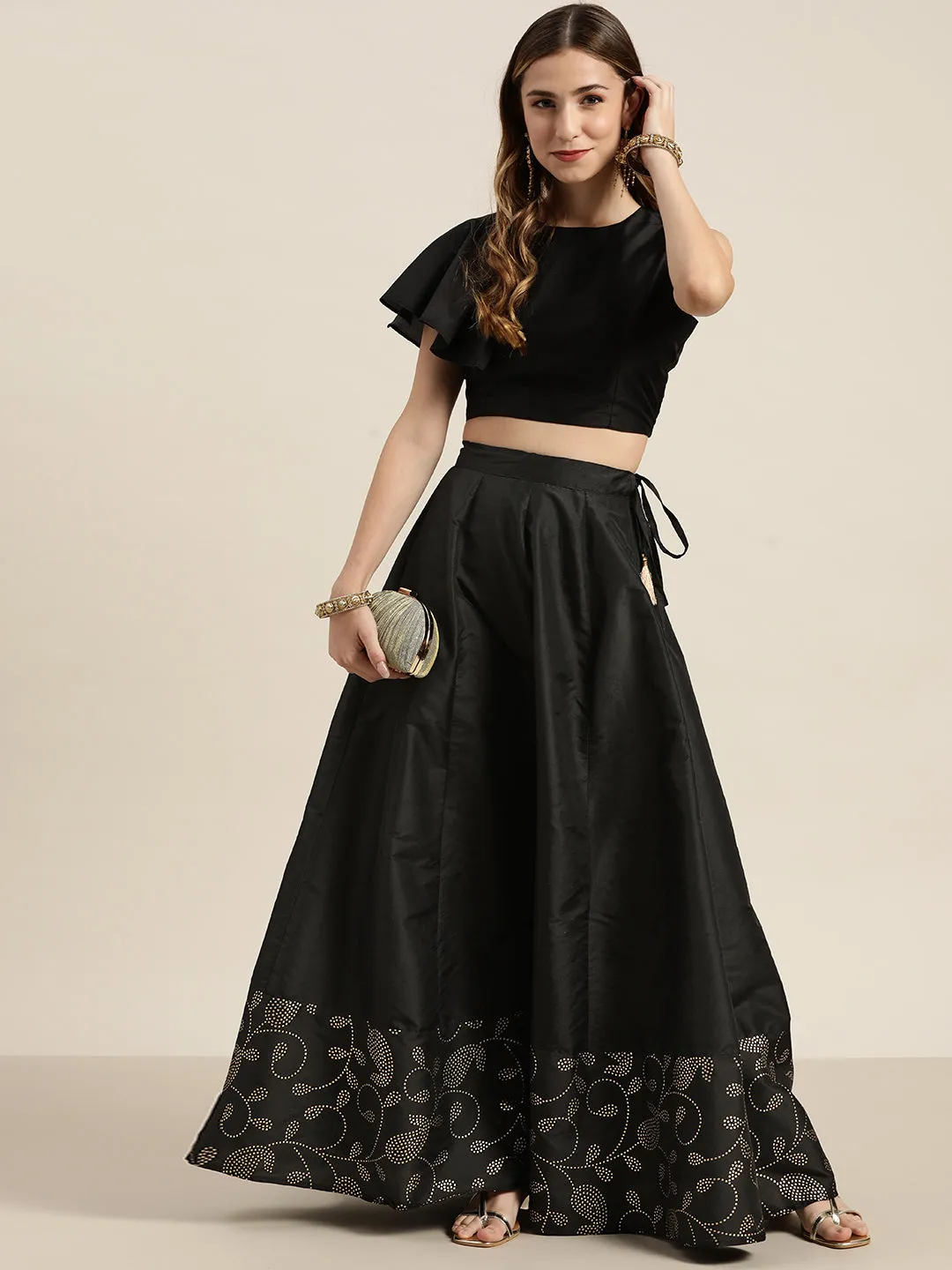 Black Paisely Foil Border Anarkali Skirt