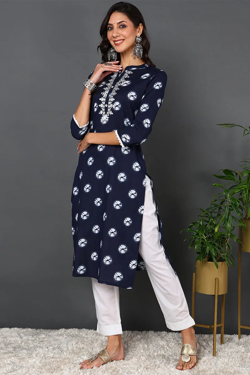 Blue Cotton Embroidered Ethnic Motifs Straight Kurta