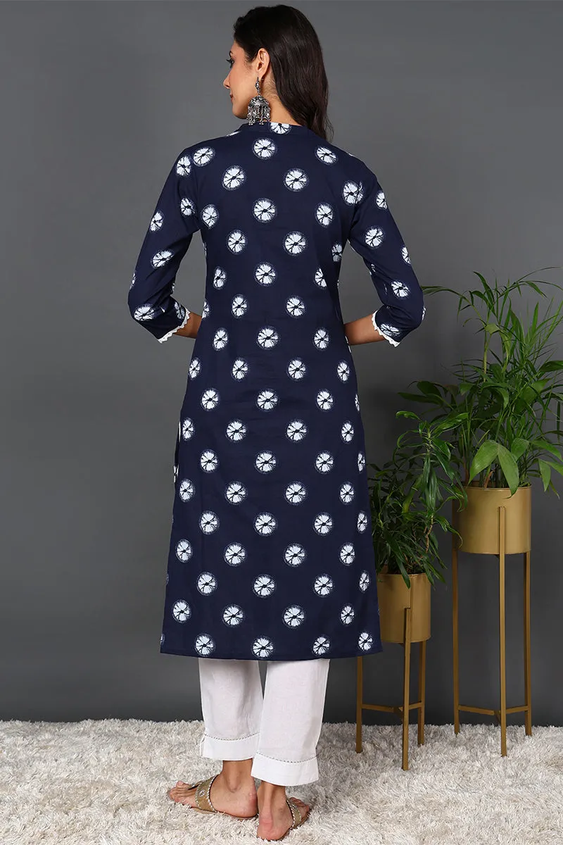 Blue Cotton Embroidered Ethnic Motifs Straight Kurta