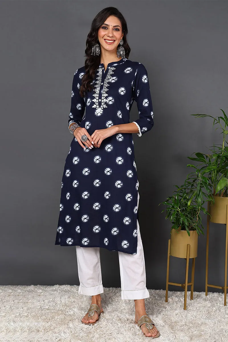 Blue Cotton Embroidered Ethnic Motifs Straight Kurta