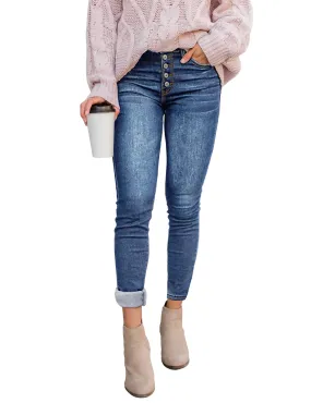 Blue Fleece-Lined Button-Down Denim Skinny Jeans