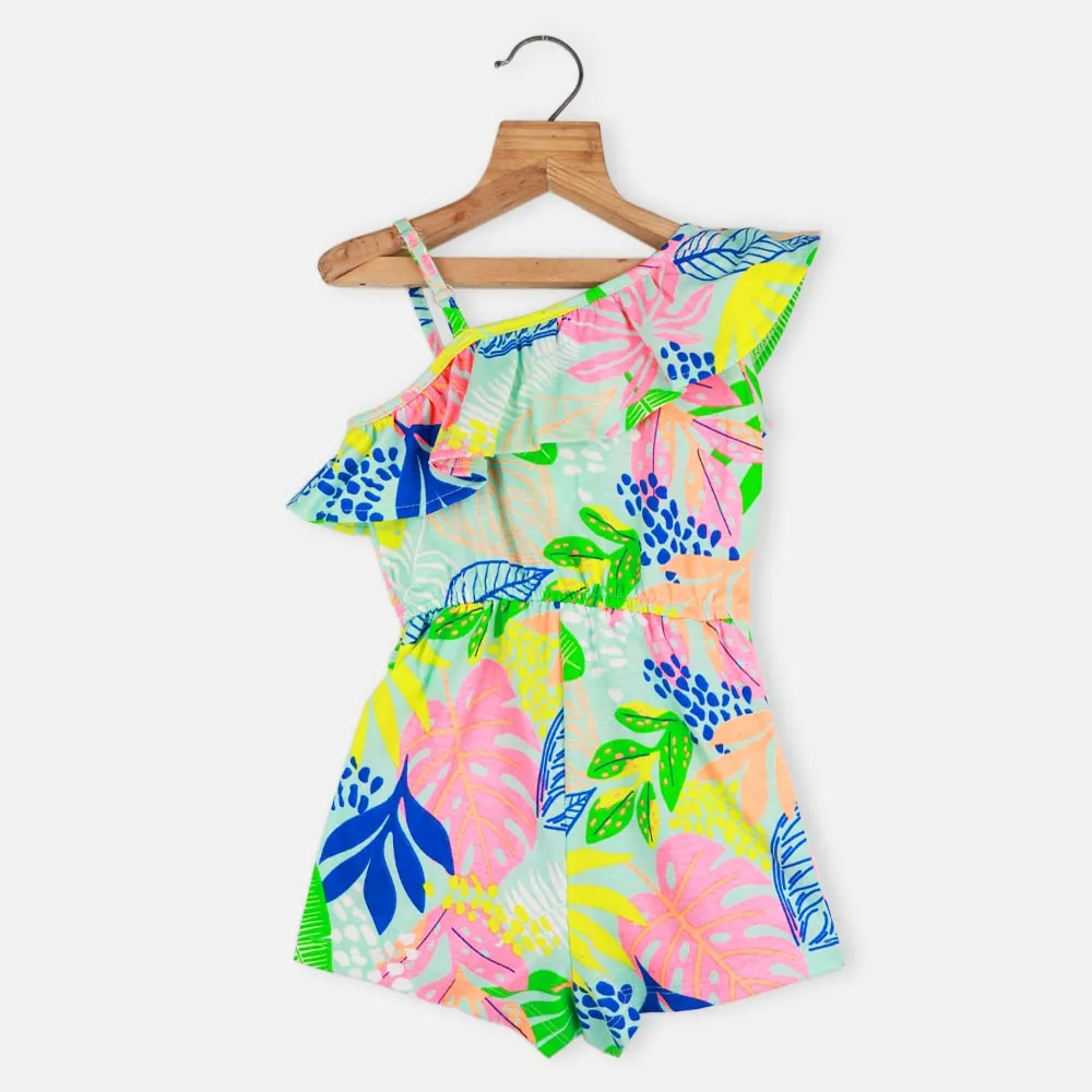 Blue Tropical Printed One shoulder Jumpsuit