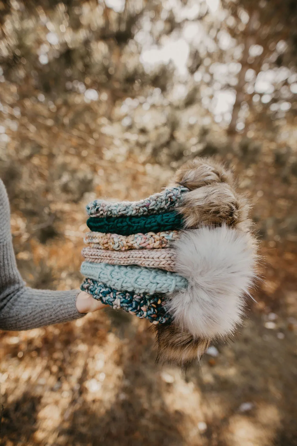 Blush Pink, Blue, & Brown Merino Wool Knit Hat with Faux Fur Pom Pom - Hand-Dyed Yarn