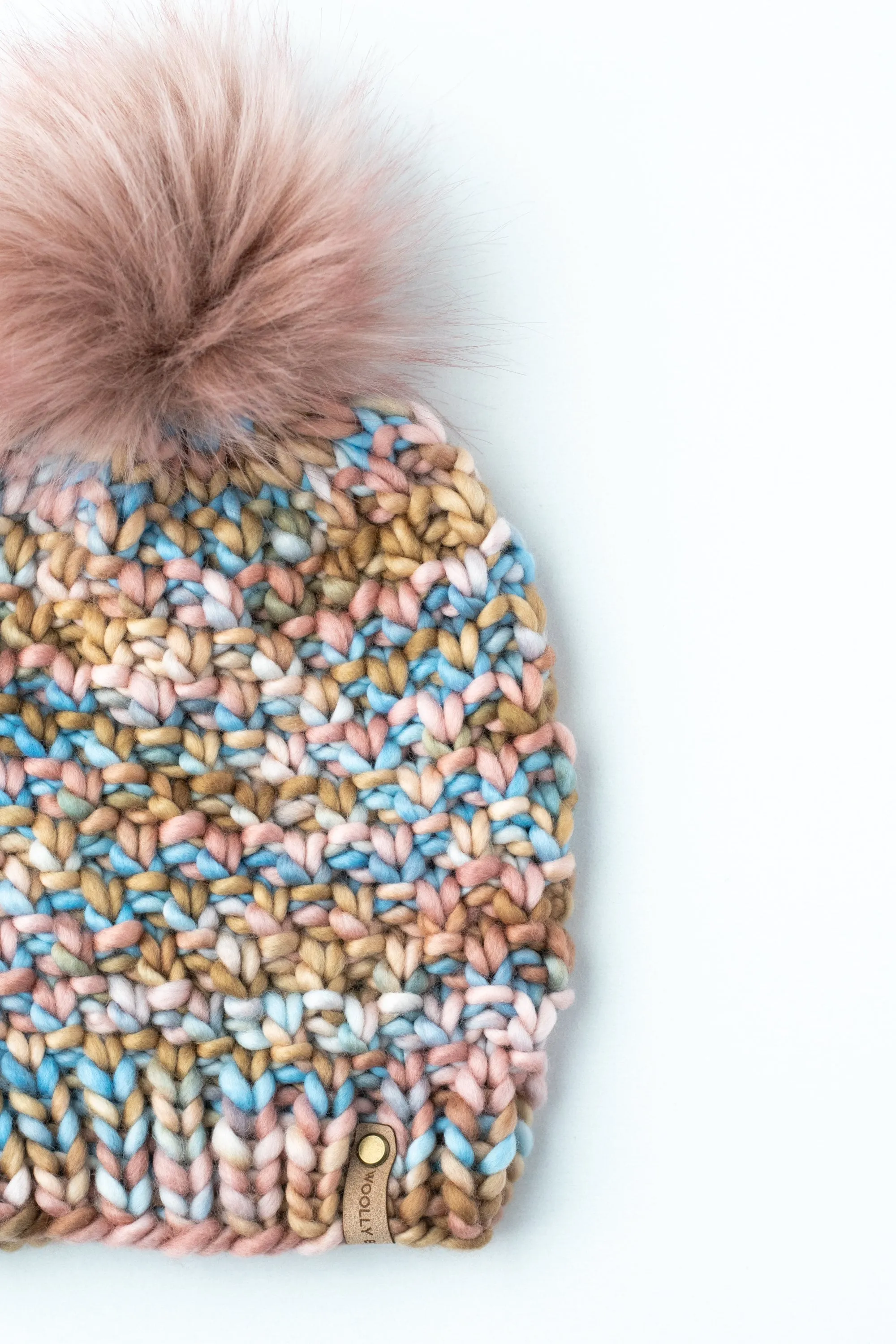 Blush Pink, Blue, & Brown Merino Wool Knit Hat with Faux Fur Pom Pom - Hand-Dyed Yarn