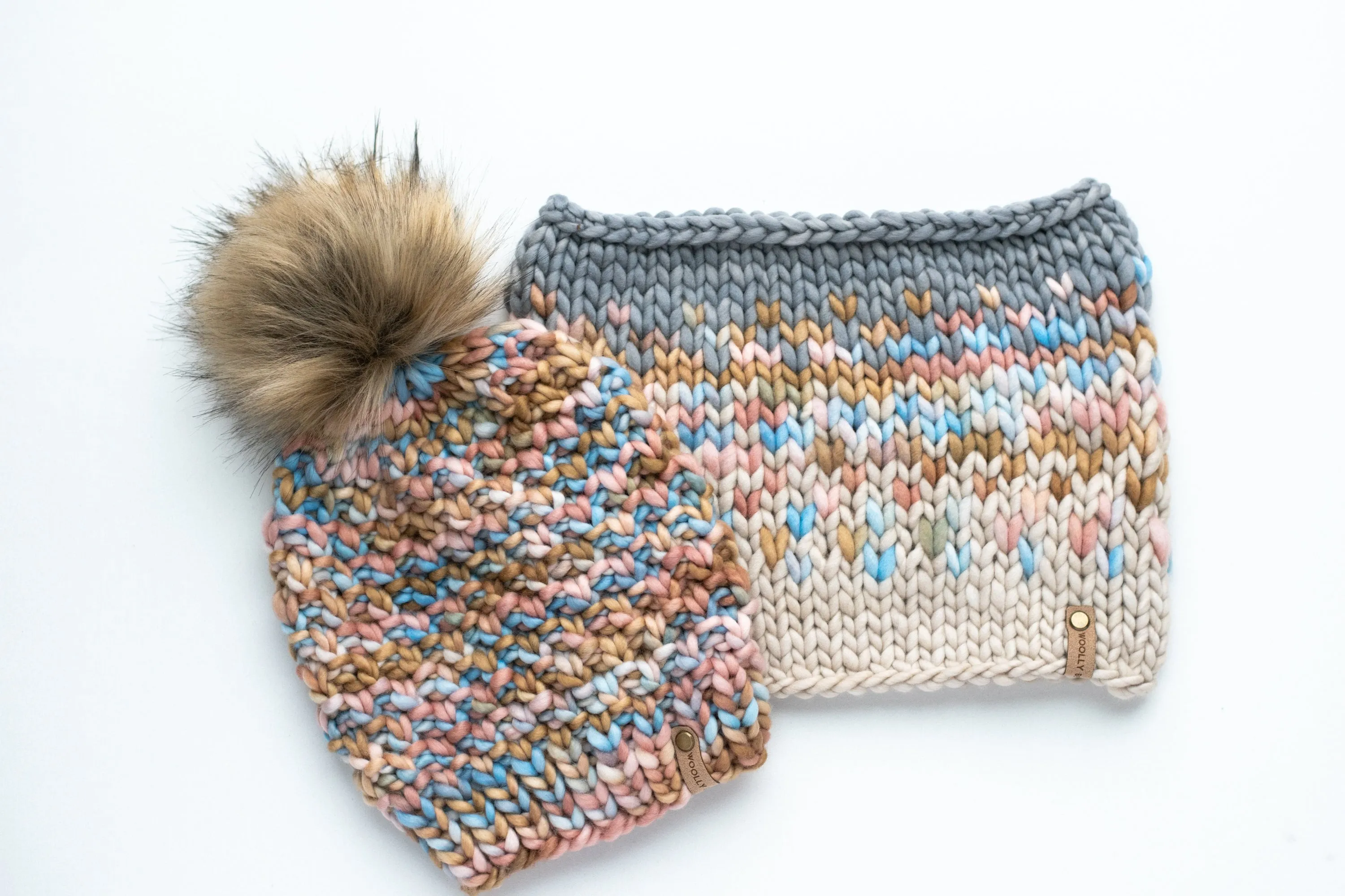 Blush Pink, Blue, & Brown Merino Wool Knit Hat with Faux Fur Pom Pom - Hand-Dyed Yarn