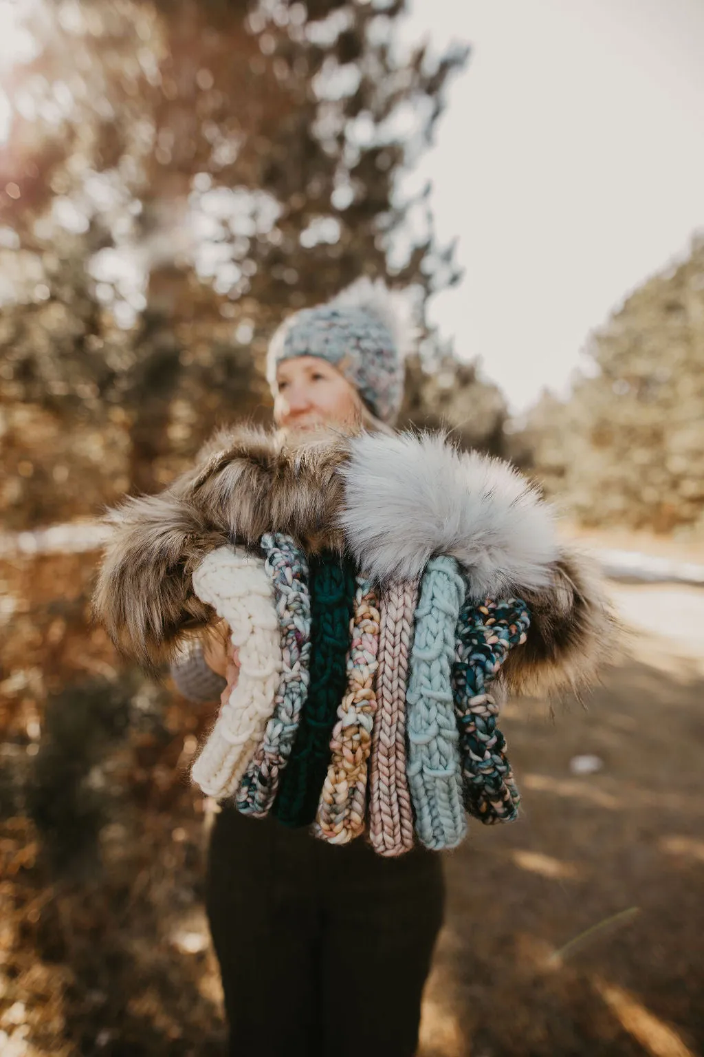 Blush Pink, Blue, & Brown Merino Wool Knit Hat with Faux Fur Pom Pom - Hand-Dyed Yarn