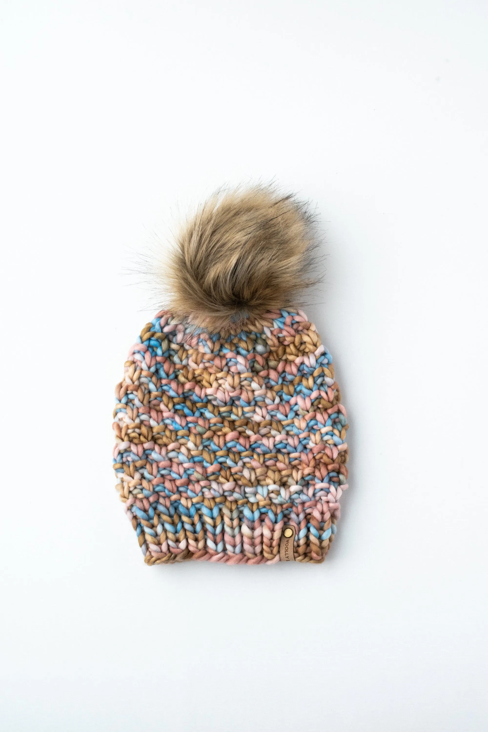 Blush Pink, Blue, & Brown Merino Wool Knit Hat with Faux Fur Pom Pom - Hand-Dyed Yarn