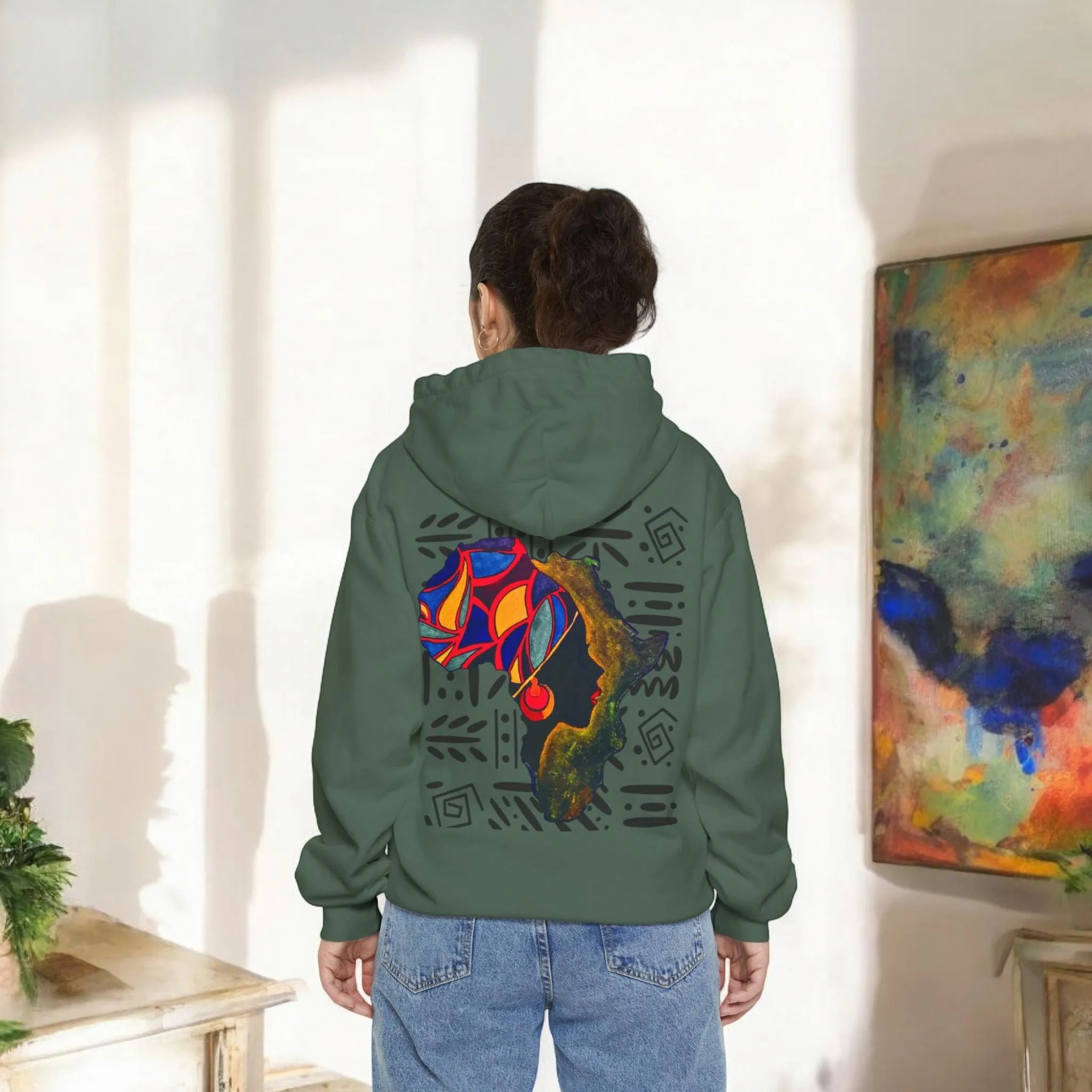 Boho African Continent Graphic Hoodie, Hand Drawn Unisex Garment-Dyed Hoodie