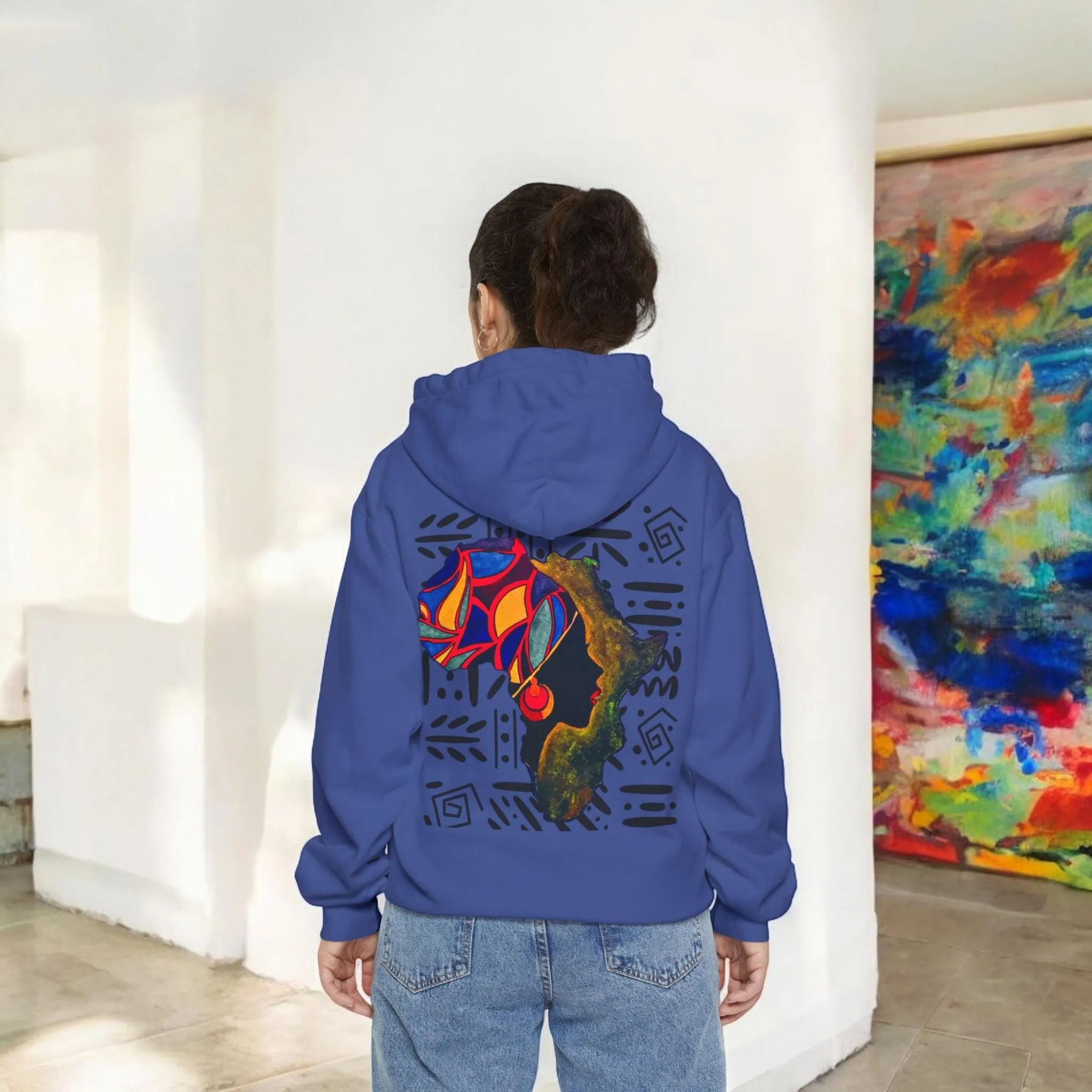 Boho African Continent Graphic Hoodie, Hand Drawn Unisex Garment-Dyed Hoodie