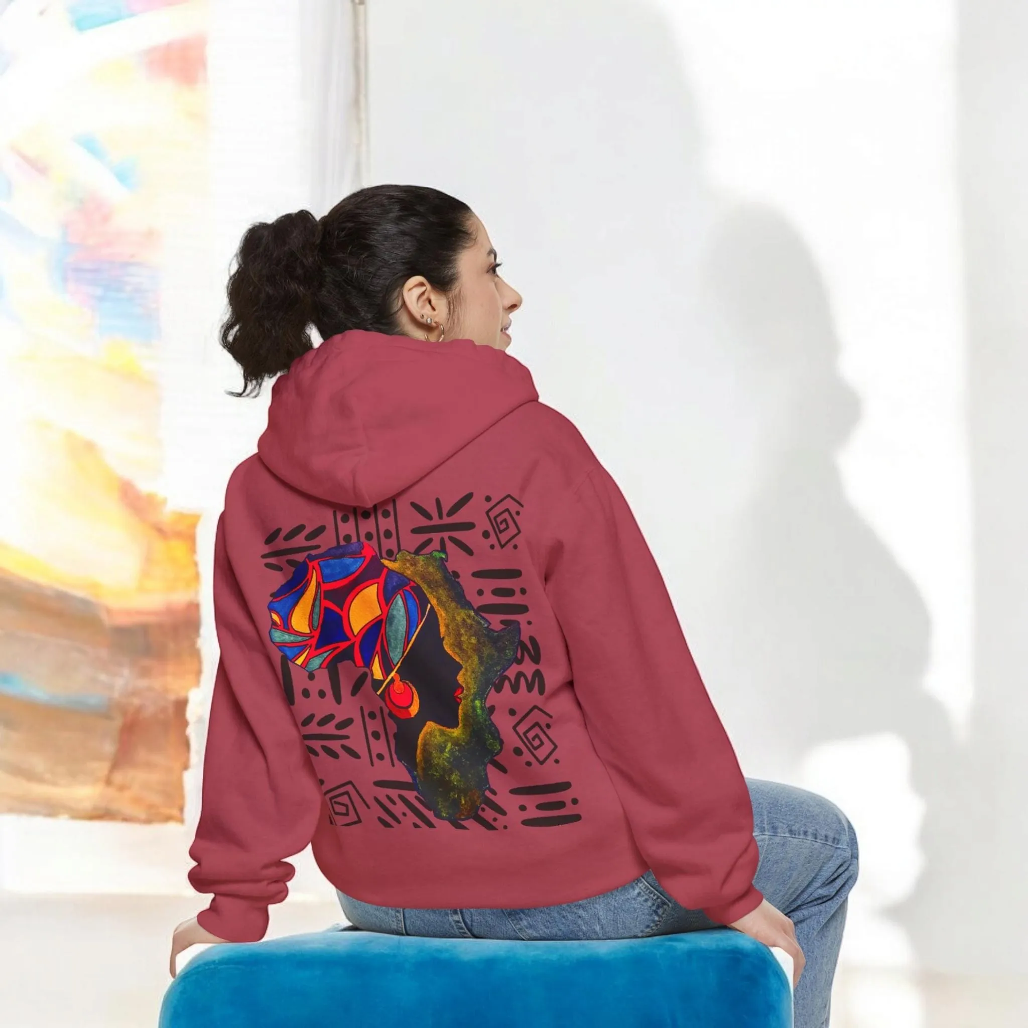 Boho African Continent Graphic Hoodie, Hand Drawn Unisex Garment-Dyed Hoodie