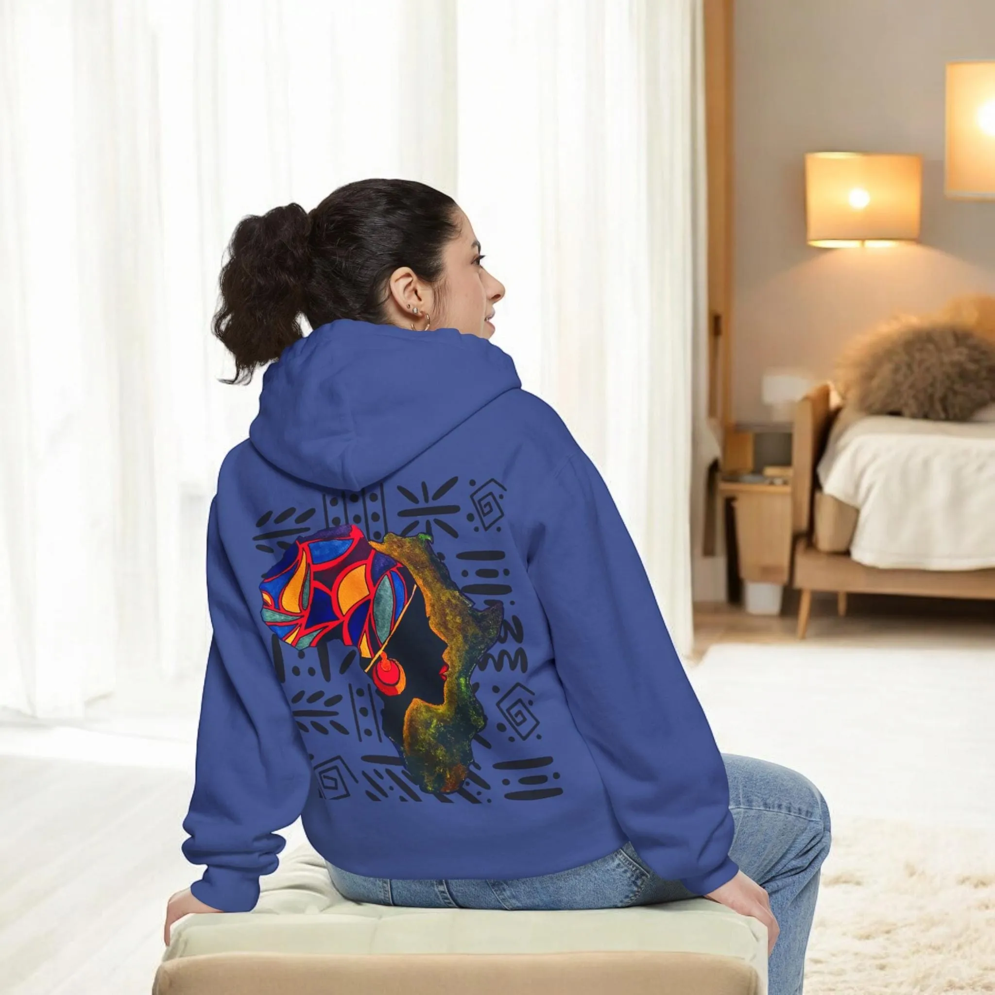 Boho African Continent Graphic Hoodie, Hand Drawn Unisex Garment-Dyed Hoodie