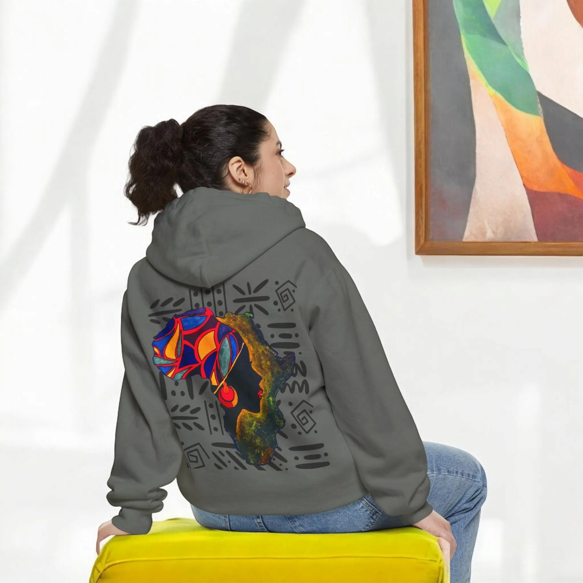 Boho African Continent Graphic Hoodie, Hand Drawn Unisex Garment-Dyed Hoodie