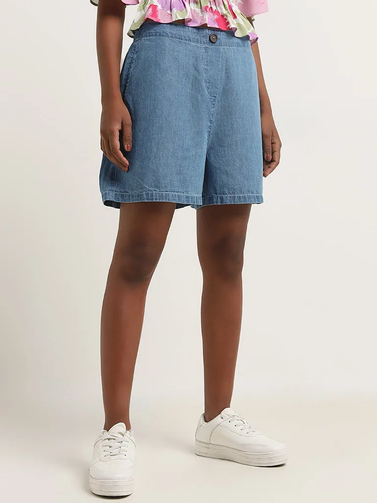 Bombay Paisley Blue Mid-Rise Denim Shorts