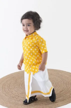 Boy Bandhani Print Cotton Mundu shirt Set - Yellow