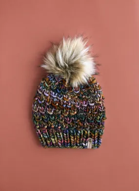 Brown Multi-Color Merino Wool Knit Hat with Faux Fur Pom Pom