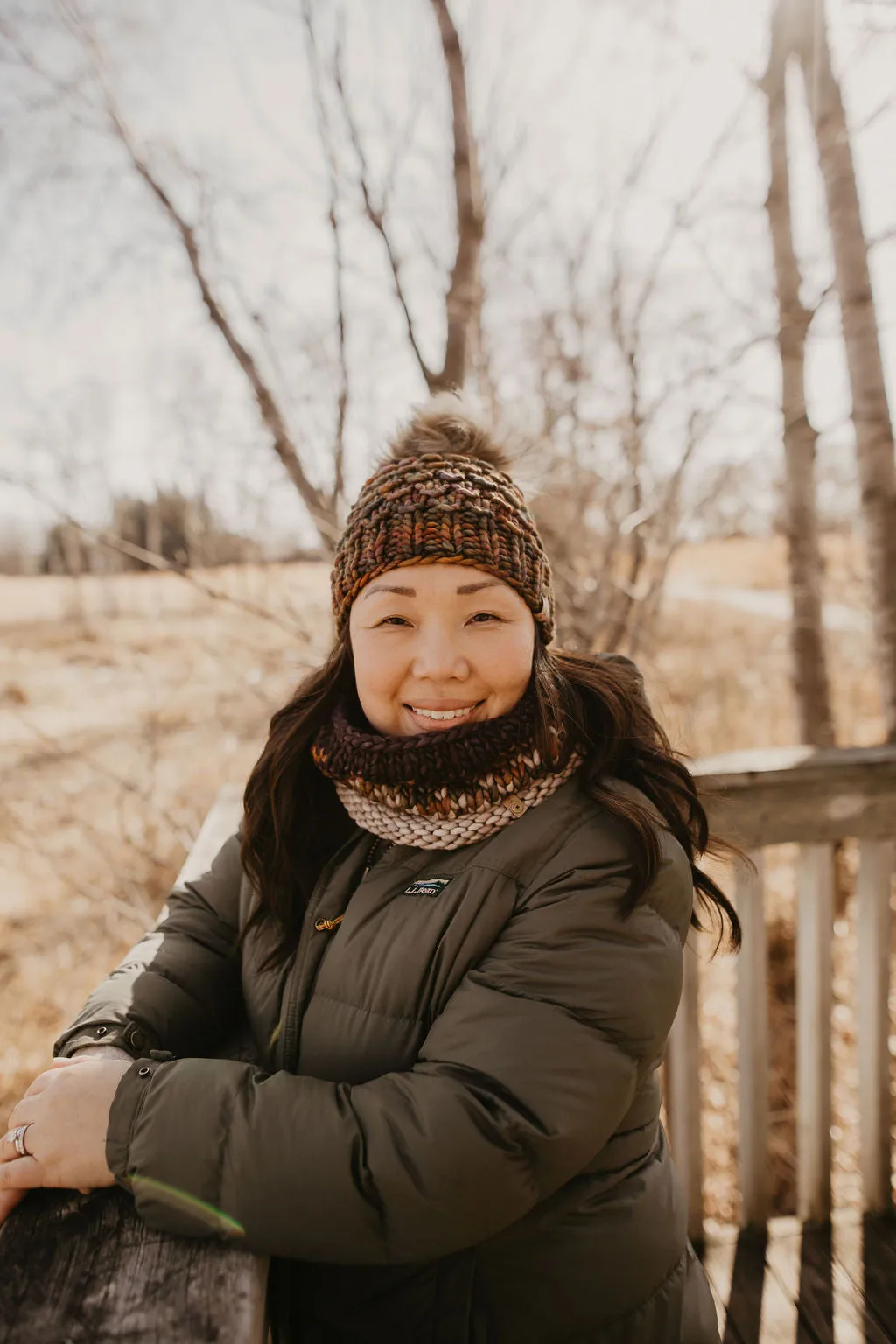 Brown Multi-Color Merino Wool Knit Hat with Faux Fur Pom Pom